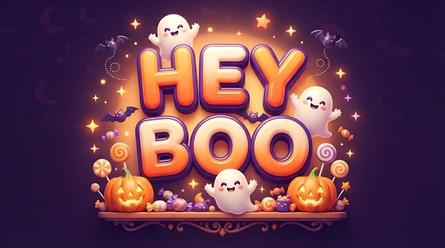 Hey boo halloween design with cute ghosts and pumpkins