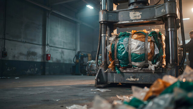 Industrial plastic recycling press compacting waste materials in a warehouse with recycling industrial warehouse compactor environment management