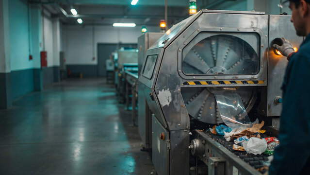 Industrial worker operating a sorting machine along a conveyor belt inside a clean manufacturing plant with industry machinery conveyor operator
