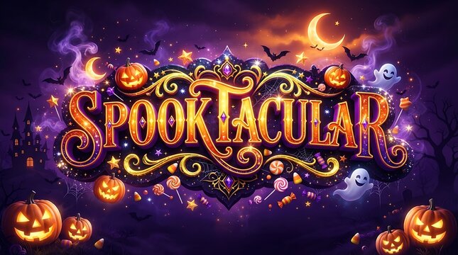 Spooktacular halloween text design with pumpkins and ghosts
