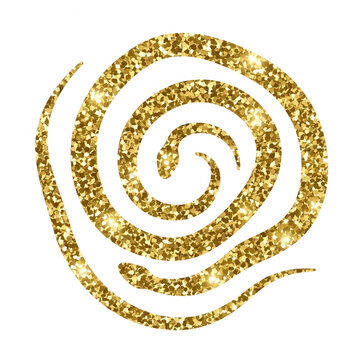 Uma ilustra&ccedil;&atilde;o art&iacute;stica de uma serpente enrolada em espiral com textura de glitter dourado brilhante sobre um fundo branco, simbolizando eleg&acirc;ncia e misticismo.