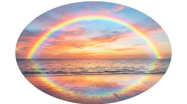 Double rainbow arching over ocean at sunset isolated on white background