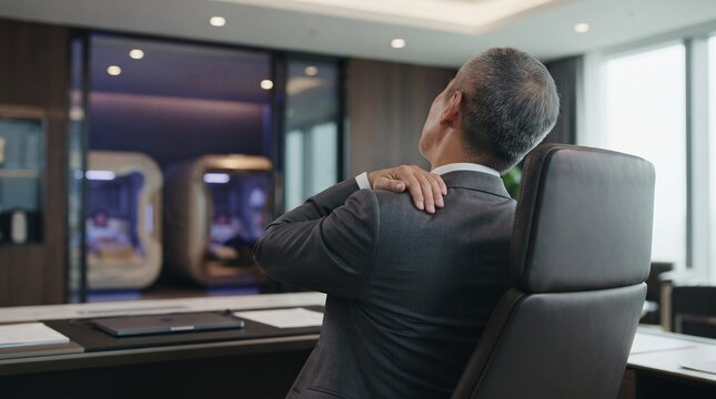 Male executive with stiff neck and shoulder pain in corporate office