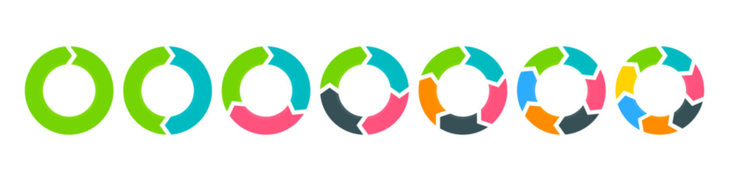Circular arrows cycle infographic icon set template. Colorful pie chart diagram, 1 to 7 step process workflow symbol layout UI bundle. Vector and transparent PNG