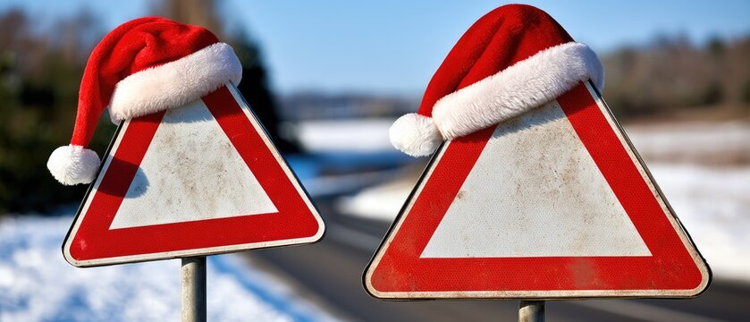 Warning sign with a santa hat on a snowy road during winter