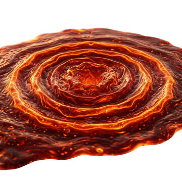 Close-up abstrato de ondas circulares em um l&iacute;quido viscoso de cor laranja e marrom, criando um efeito de impacto din&acirc;mico e texturas fluidas sobre um fundo branco isolado.