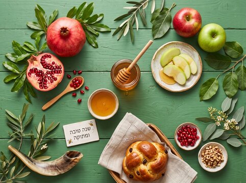 Flat lay of Rosh Hashanah festive table with honey jar, sliced apples, pomegranate, round challah bread, shofar, and Hebrew greeting card on green wooden background