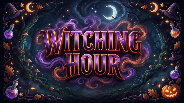 Witching hour text with spooky halloween icons and moon