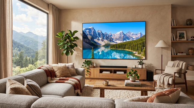 Cozy modern living room interior at night as home theater with large wall projection screen displaying beautiful mountain forest landscape, floor lamp with warm light, stylish home cinema setup.
