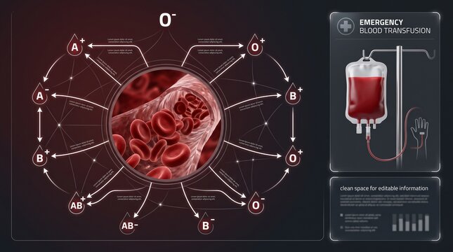 Medical infographic diagram showing blood transfusion compatibility chart with red blood cells under microscope, blood bag on IV pole stand, and ABO rhesus group illustration