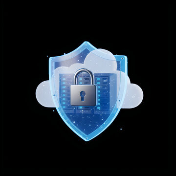Cybersecurity cloud storage shield, 3D padlock icon for data protection, secure server network hosting on black background