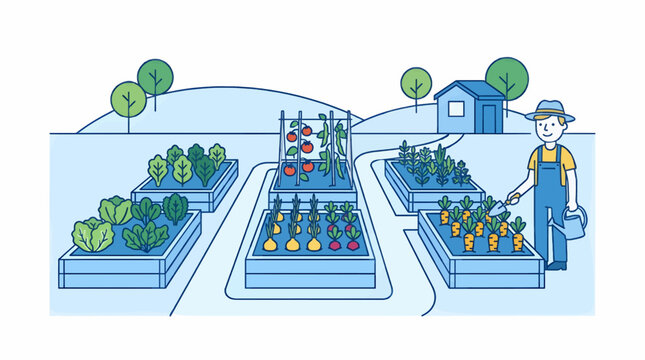 Farmer tending raised garden beds with vegetables, flat design illustration with blue and green color palette