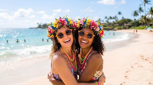 Two women with flower crowns hugging on a tropical beach.
