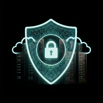 Cybersecurity shield with glowing padlock icon, cloud computing data protection, secure server network infrastructure on black background