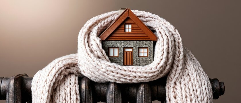 Model cottage wrapped in a knitted wool scarf resting on a dark radiator against a neutral wall with soft lighting