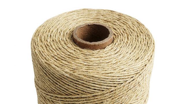 Um rolo de barbante de juta natural enrolado em um carretel de papel&atilde;o, isolado sobre um fundo branco, ideal para artesanato, decora&ccedil;&atilde;o r&uacute;stica e projetos de embalagens sustent&aacute;veis.