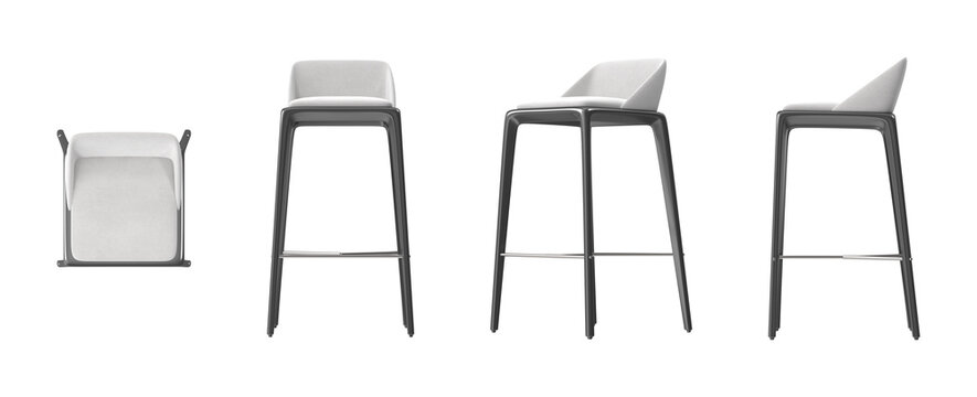 Modern bar stool with upholstered seat and metal frame in multiple views