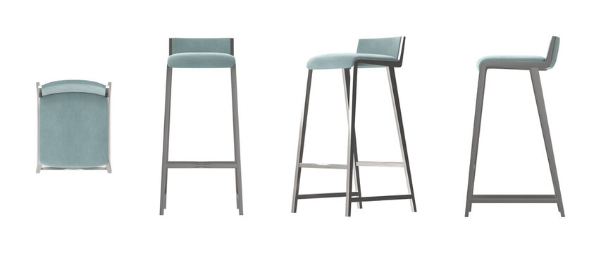 Modern bar stool with teal upholstery and sleek metal frame in multiple views