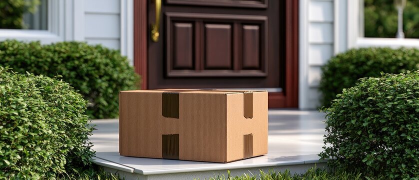 Delivery package on a front porch with a wooden door and green bushes under bright daylight