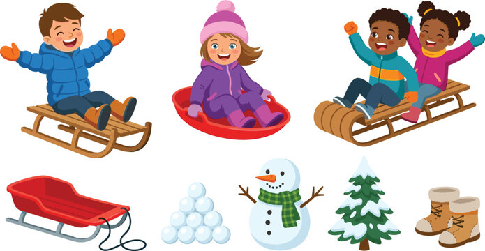 Happy Multiethnic Kids Sledding Element Set with Diverse Children Riding Sleds Snowman Snowballs Pine Tree and Winter Boots Vector Cartoon Illustration