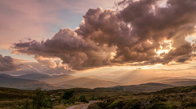 Dramatic sunset over rolling hills with golden light and heavy clouds in the sky