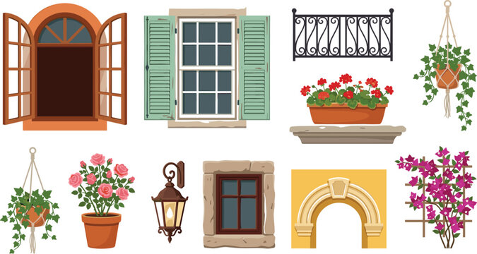 European Window and Balcony Architecture Element Set with Wooden Shutters Arch Forged Railing Lantern and Blooming Flowers Vector Cartoon Illustration
