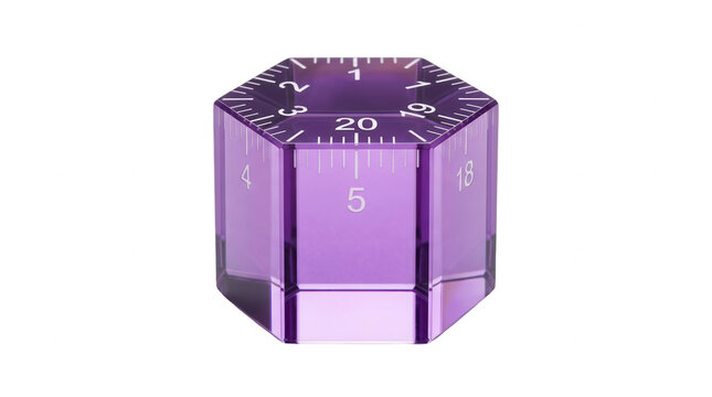 Dado de jogo de RPG de vinte lados roxo transl&uacute;cido com n&uacute;meros brancos gravados, isolado em um fundo branco para design de jogos de mesa e fantasia.