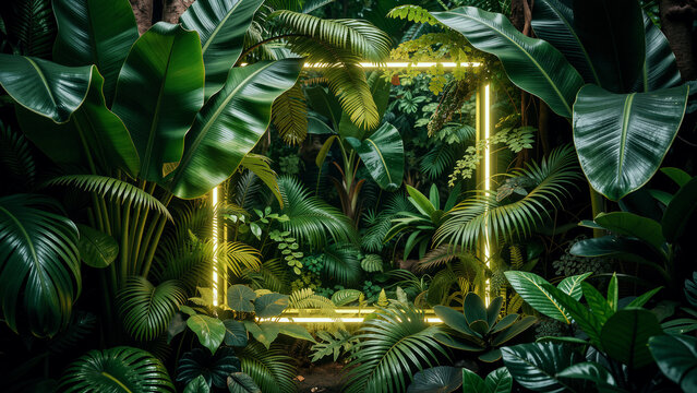 Lush jungle foliage illuminated by a glowing neon frame