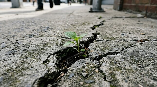 Small green plant sprouting through cracked concrete sidewalk in urban environment