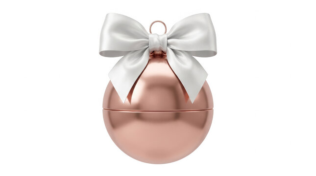 Uma elegante bola de Natal em tom de ouro rosa com um la&ccedil;o de fita de cetim branco, isolada em um fundo branco, perfeita para decora&ccedil;&otilde;es festivas e design de cart&otilde;es de fim de ano.