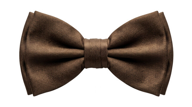Gravata borboleta marrom elegante feita de tecido acetinado de alta qualidade, isolada sobre um fundo branco puro, ideal para eventos formais, casamentos e moda masculina cl&aacute;ssica.