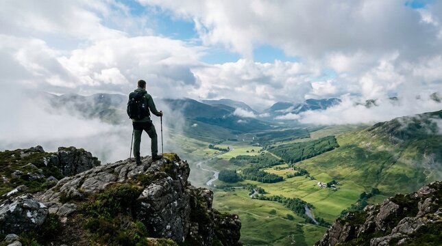 Scenic Mountain View with Hiker Overlooking Lush Valley and Rolling Hills