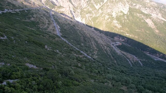 Aerial view of the winding Llogara Pass mountain road near Vlora and Zeus mountain, amazing scenery view. Aerial panoramic drone view from above, top view from drone. 
