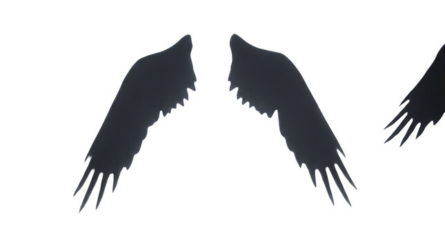 Silhueta de asas de anjo pretas isoladas em um fundo branco, representando liberdade, espiritualidade e design gr&aacute;fico minimalista para projetos criativos e art&iacute;sticos.
