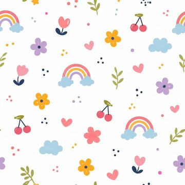 seamless pattern with rainbow and flowers