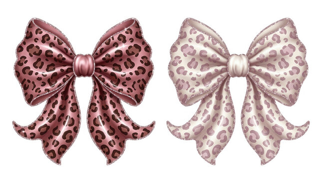 Dois la&ccedil;os de fita elegantes com estampa de leopardo em tons de rosa e creme, perfeitos para decora&ccedil;&atilde;o de moda e design coquette, isolados no fundo branco.