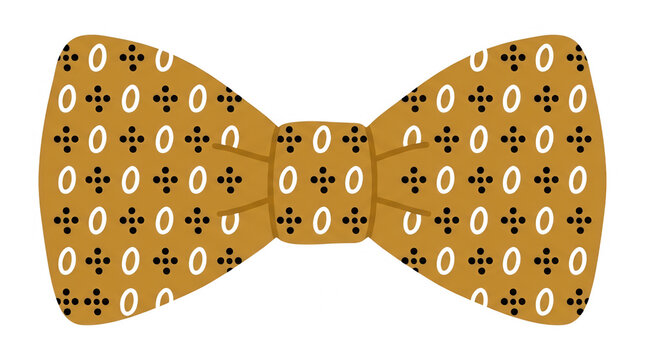 Gravata borboleta amarela mostarda com estampa geom&eacute;trica de c&iacute;rculos brancos e detalhes pretos, ilustra&ccedil;&atilde;o vetorial isolada em fundo branco.