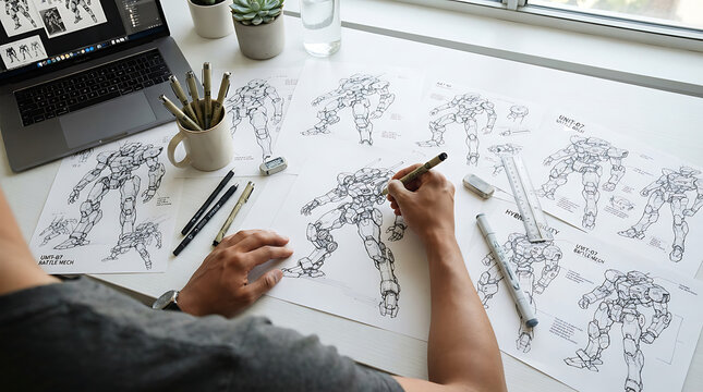 Illustrator creating futuristic mecha character sketches with fine pens at studio table.