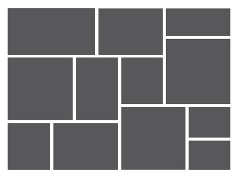 12 Image Photo Collage, 5 Empty geometric photo collage grid rectangle template shape. Modern tiles pattern mosaic for portfolio presentation. Background and photo album for wall mood board.