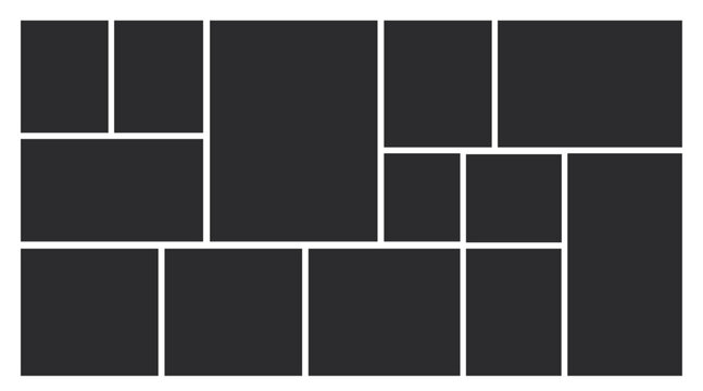 13 Image Photo Collage, 5 Empty geometric photo collage grid rectangle template shape. Modern tiles pattern mosaic for portfolio presentation. Background and photo album for wall mood board.
