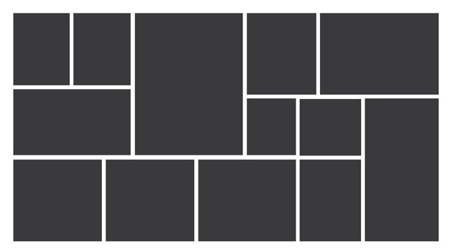 13 Image Photo Collage, 5 Empty geometric photo collage grid rectangle template shape. Modern tiles pattern mosaic for portfolio presentation. Background and photo album for wall mood board.