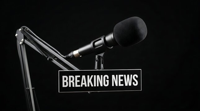 Breaking news broadcast microphone on air with urgent headline alert for live television reporting