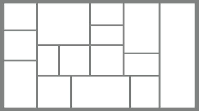 15 Image Photo Collage, 15 Empty geometric photo collage grid rectangle template shape. Modern tiles pattern mosaic for portfolio presentation. Background and photo album for wall mood board.