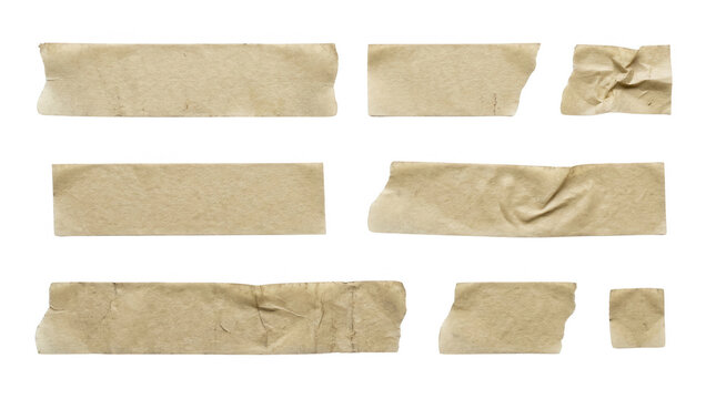 Cole&ccedil;&atilde;o de peda&ccedil;os de fita adesiva bege rasgados e amassados isolados no fundo branco, ideal para elementos de design e colagem.