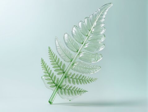 A single elegant fern leaf recreated as a transparent inflatable plastic sculpture, delicate branching leaf structure, soft inflated segments and intricate wrinkles, luminous translucent edges,