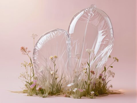 A small meadow arrangement recreated entirely from transparent inflatable plastic, delicate wild grasses, tiny flowers and slender stems, soft inflated shapes with realistic wrinkles and translucent