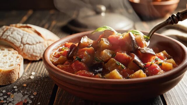 Rustic vegetable ratatouille stew served in a ceramic bowl with crusty bread on a wooden table