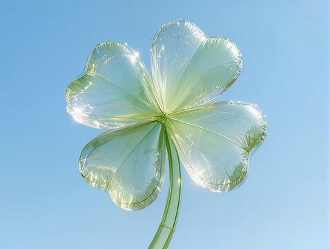 A charming four-leaf clover sculpture made entirely from transparent inflatable plastic, four softly rounded translucent leaves with delicate veins created through subtle folds, tiny inflated stem