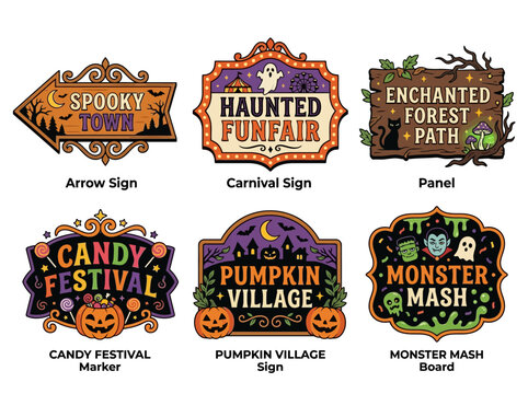 Halloween Retro Fantasy Signboard Vector Set with Spooky Town and Haunted Funfair Carnival Labels on White Background