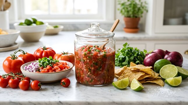 Fresh mexican salsa dip in glass jar with corn chips sliced lime and ripe red tomatoes.